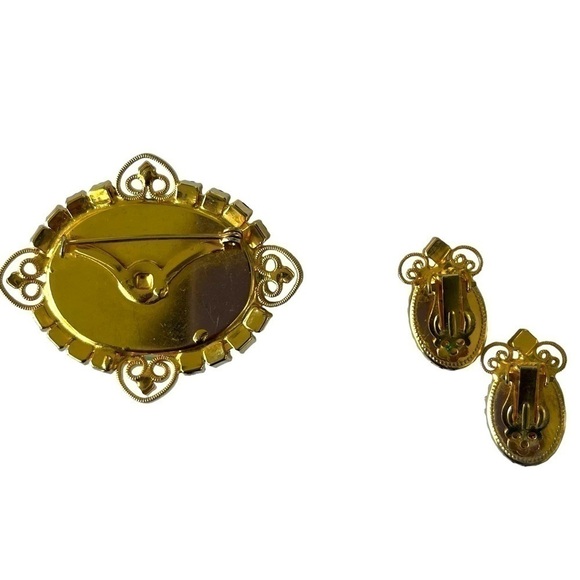 Vintage Brooch and Clip Earrings Set Green and Aqua Rhinestone rare 1960s - Picture 7 of 13